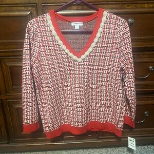 Charter Club Women's Red and White Embellished Sweater, 3/4 Sleeve, Large, NWT